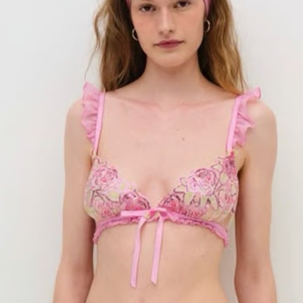 NWT For Love And Lemons Pink Floral Embroidered Sequins Bralette Size XL